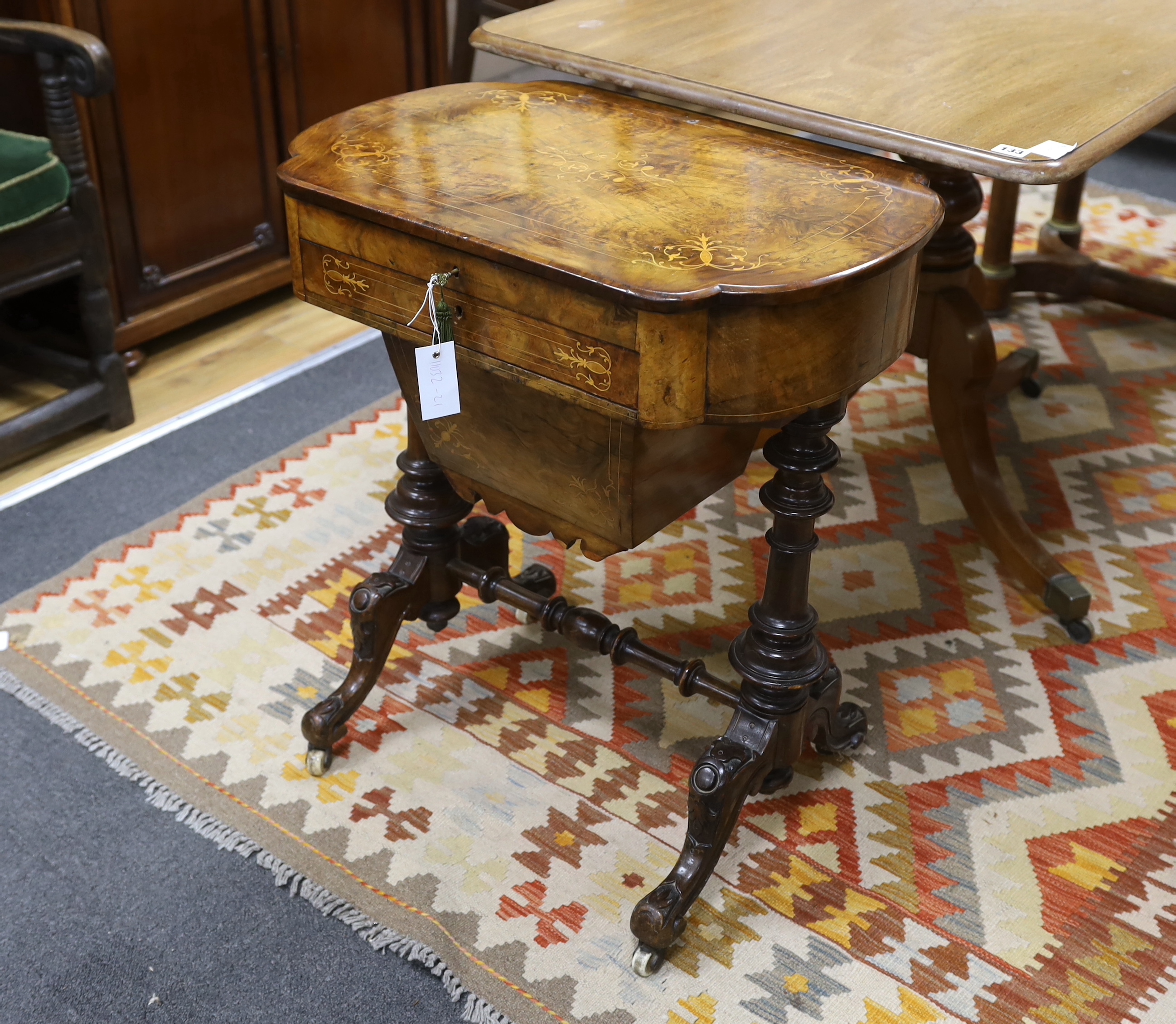 A Victorian marquetry inlaid figured walnut writing / work table, width 63cm, depth 42cm, height 72cm